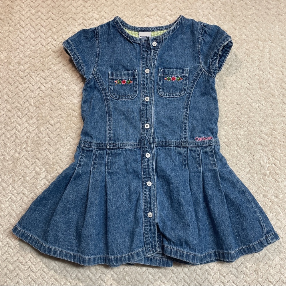 Vintage‎ Y2K OshKosh Toddler Denim Floral Embroidered Pleated Dress Size 3T